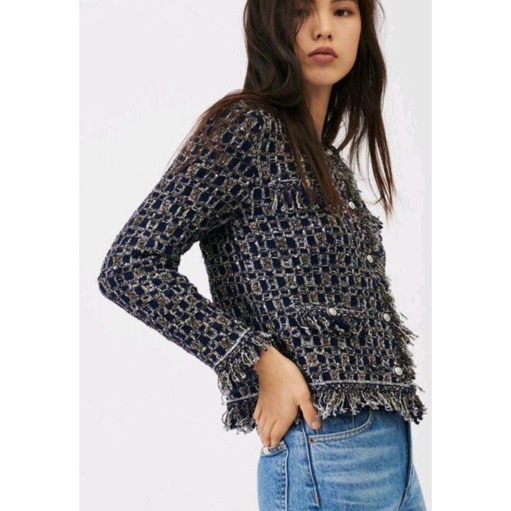 Maje Women's Tweed Plaid Knit Cardigan Navy Metallic Preppy Business Casual Sz 2